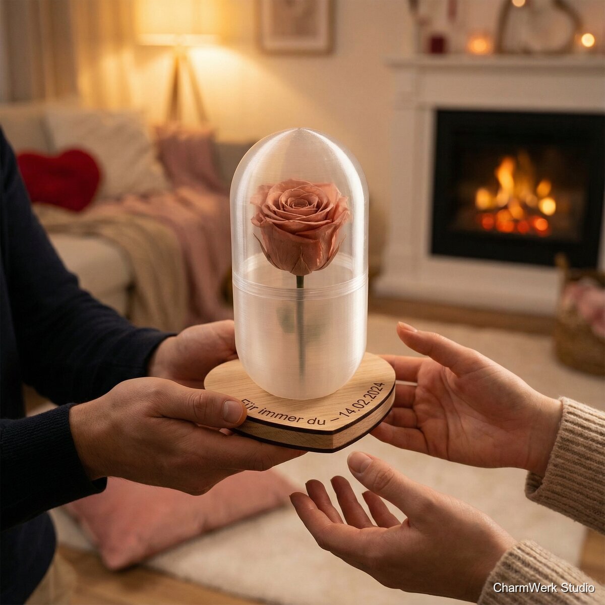 3D-gedruckte Rosenkapsel mit Gravur-Herzboden - Lifestyle