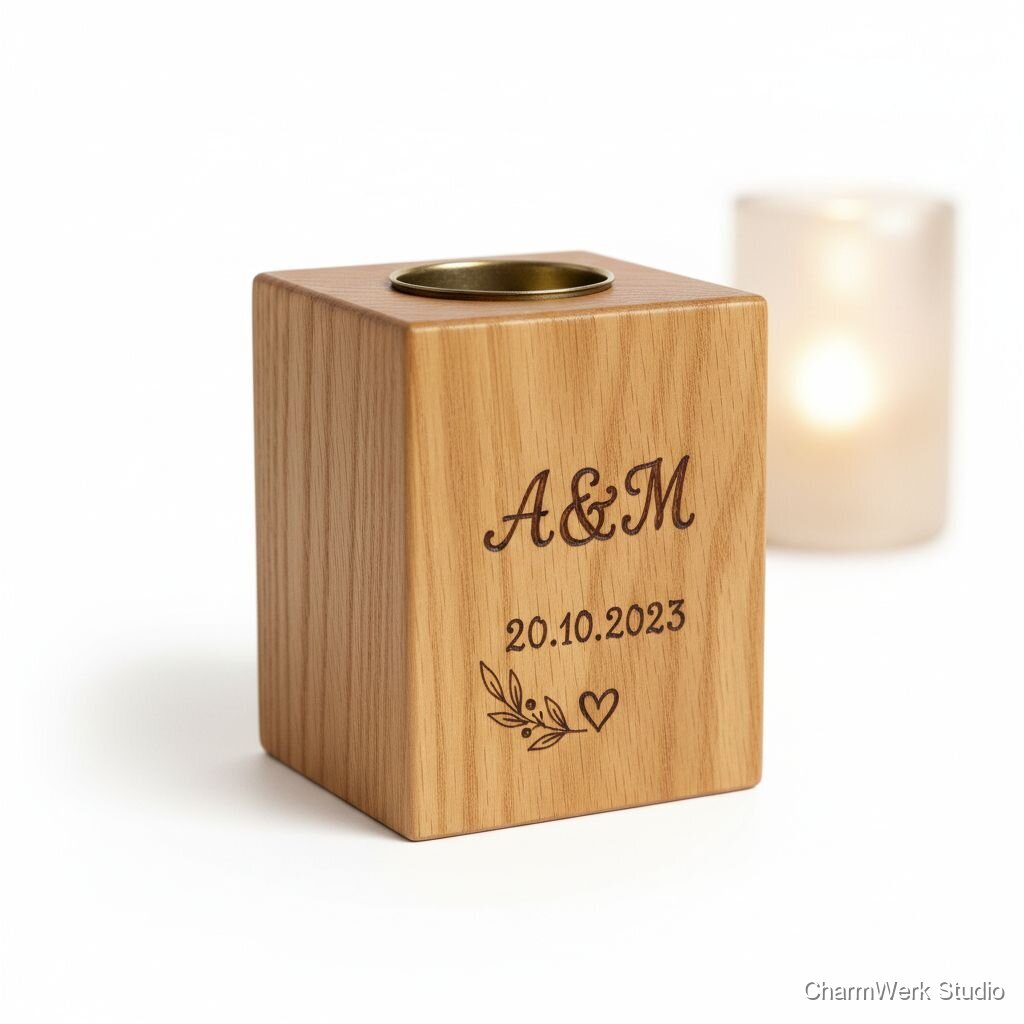 Handgefertigter Kerzenhalter aus Holz mit Brandmalerei