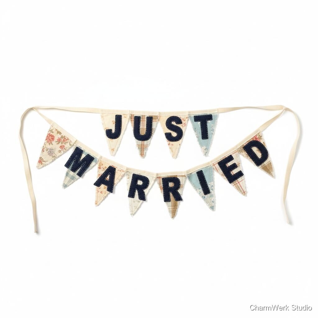 Handgenähter Erinnerungs-Wimpel „Just Married“ im Vintage-Stil