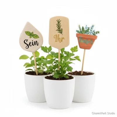 Handgemachte Mini-Pflanzenschilder „Sein/Ihr/Unser“ für Kräuter