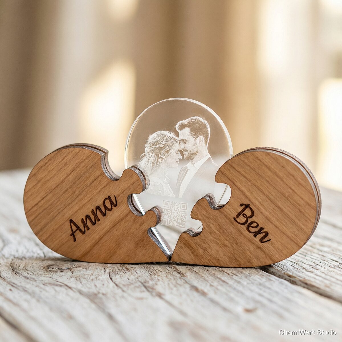 Puzzle-Herz aus Holz mit Acryl-Fotoeinleger - Detailansicht