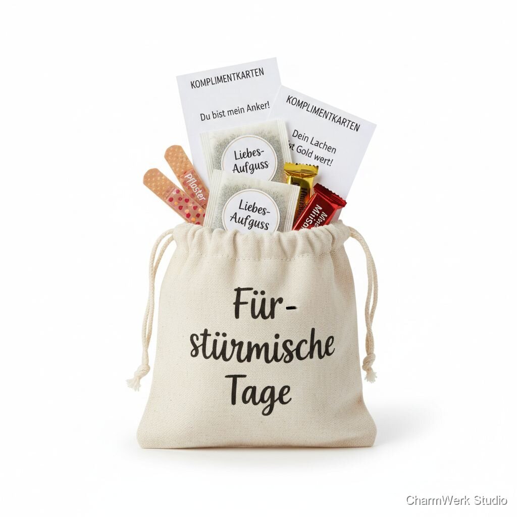 Handgefertigtes „Ehe-Notfallset“ in Stofftasche