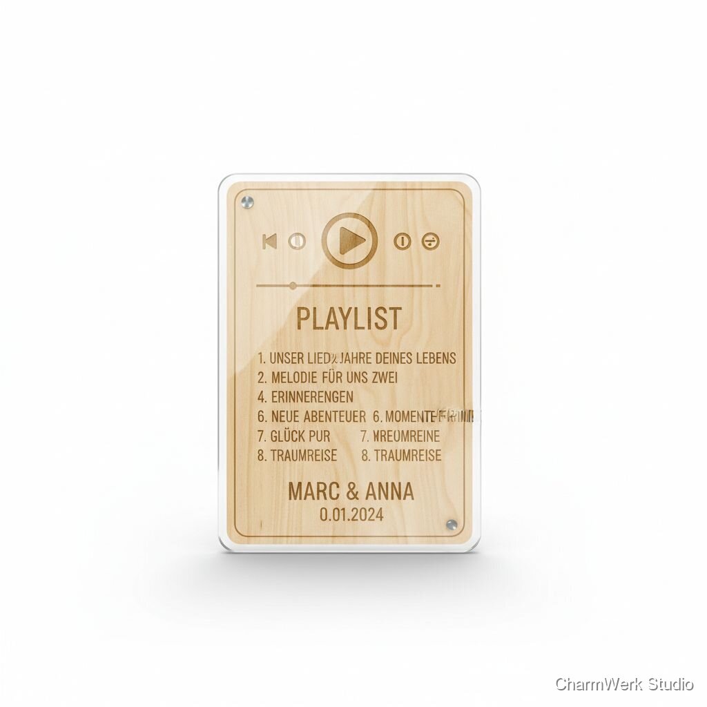 Gravierte „Playlist“-Tafel aus Holz mit Songliste