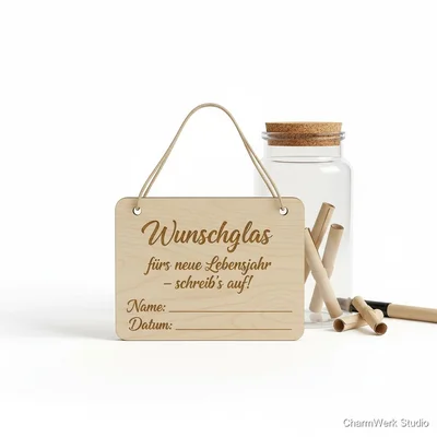 Graviertes Holz-„Wunschglas“-Schild mit Anleitung