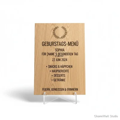 Graviertes „Geburtstags-Menü“-Schild für die Feier
