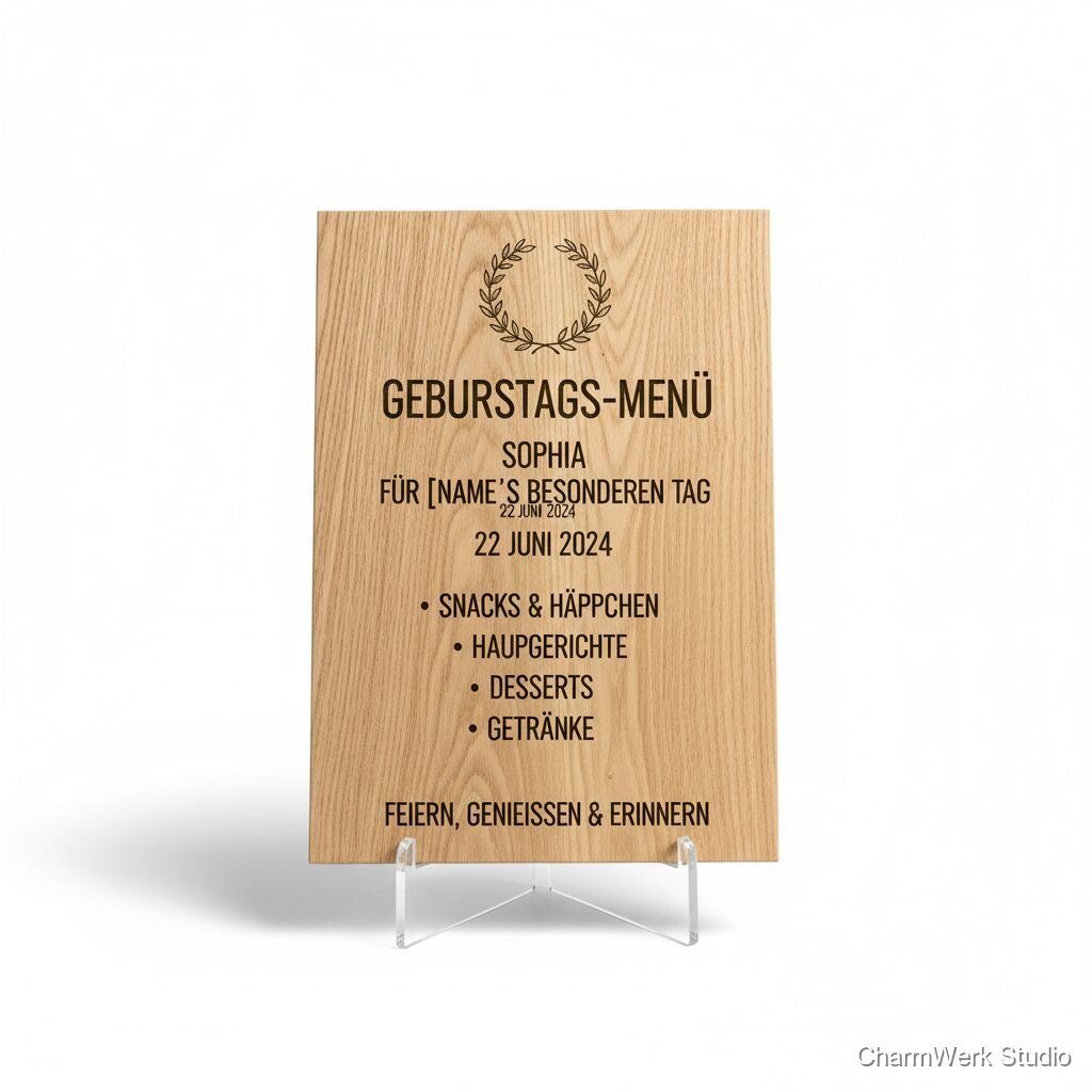 Graviertes „Geburtstags-Menü“-Schild für die Feier
