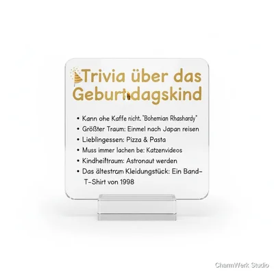 Acryl-Tischaufsteller „Trivia über das Geburtstagskind“
