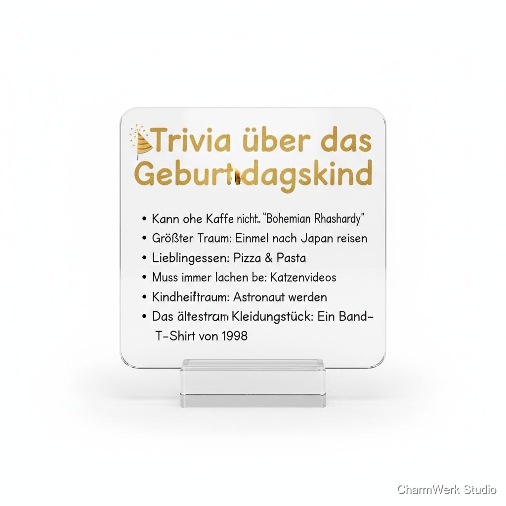 Acryl-Tischaufsteller „Trivia über das Geburtstagskind“