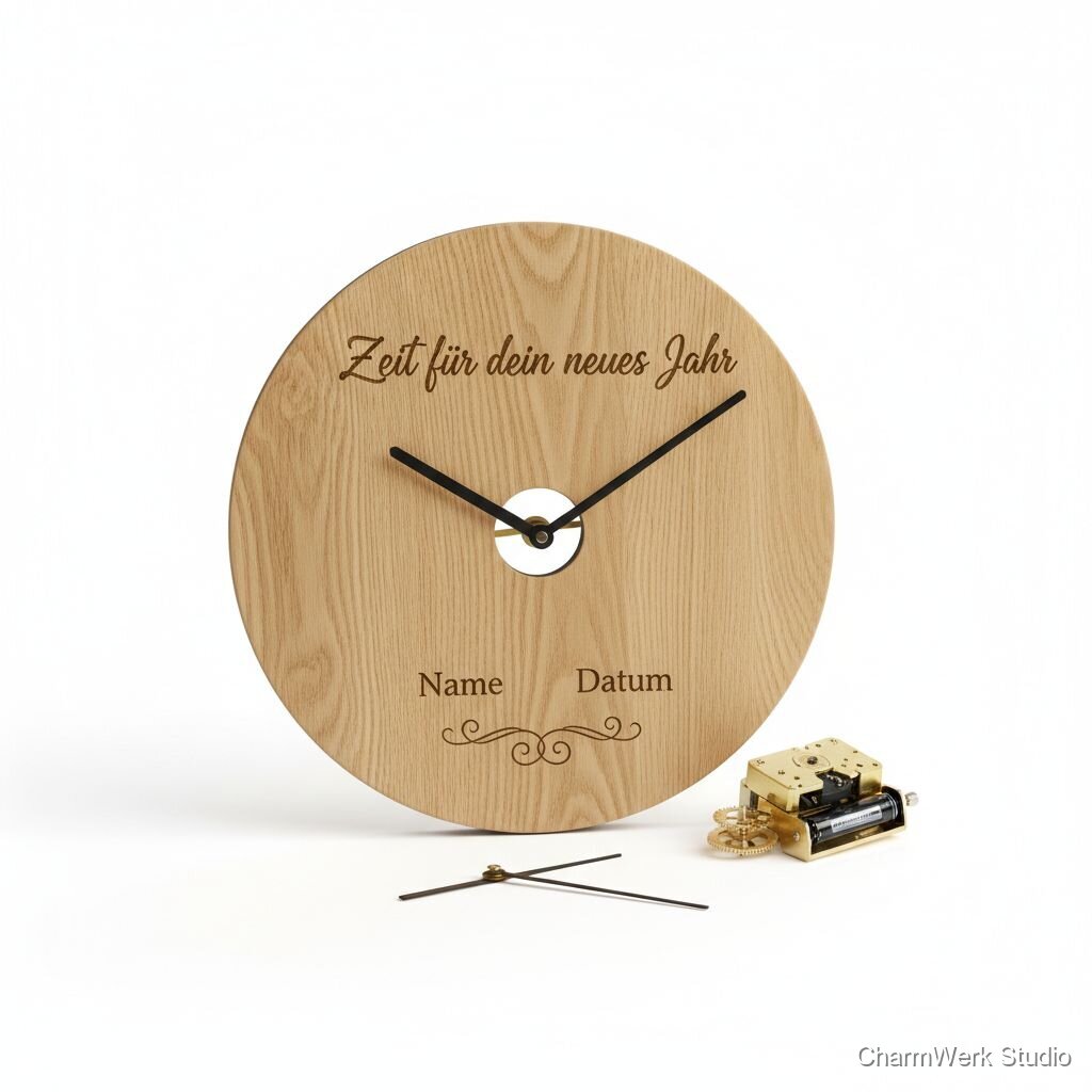 Gravierte Holz-Uhr „Zeit für dein neues Jahr“