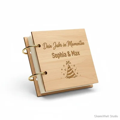 Geburtstags-Fotoalbum-Cover aus Holz mit Gravur