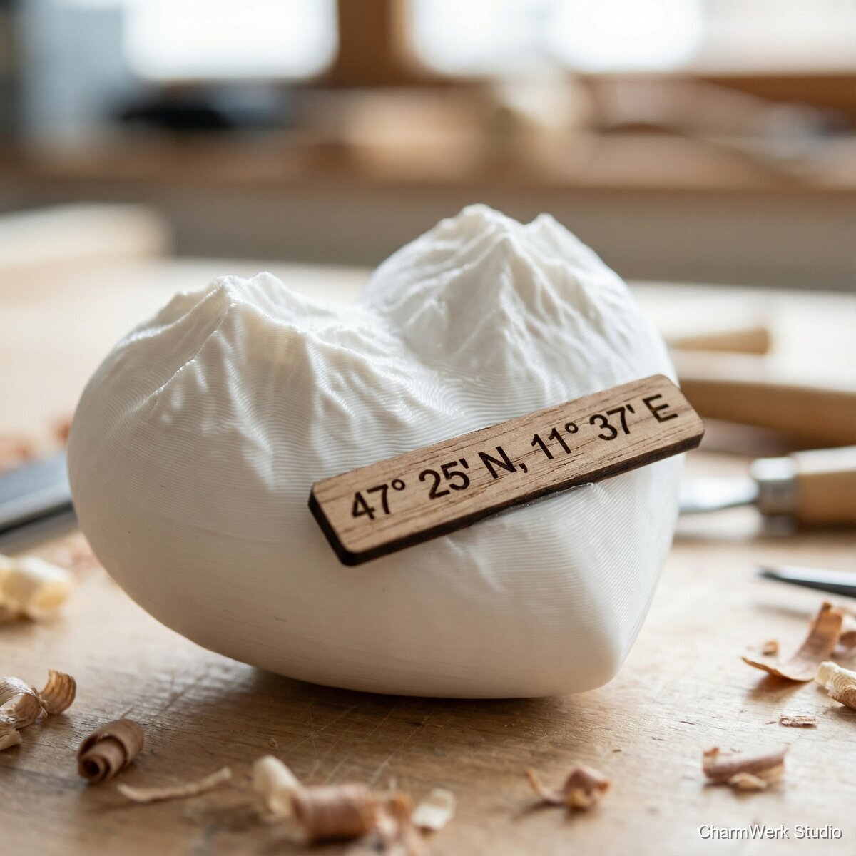 3D-Topografie-Herz mit Koordinatenplakette - Detailansicht