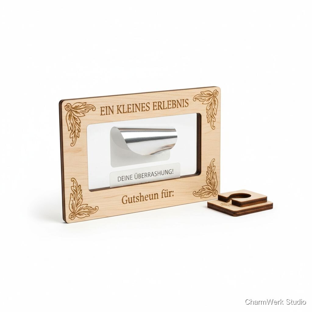 Gravierte Holz-„Gutschein-Rubbelkarte“ mit Acrylfenster