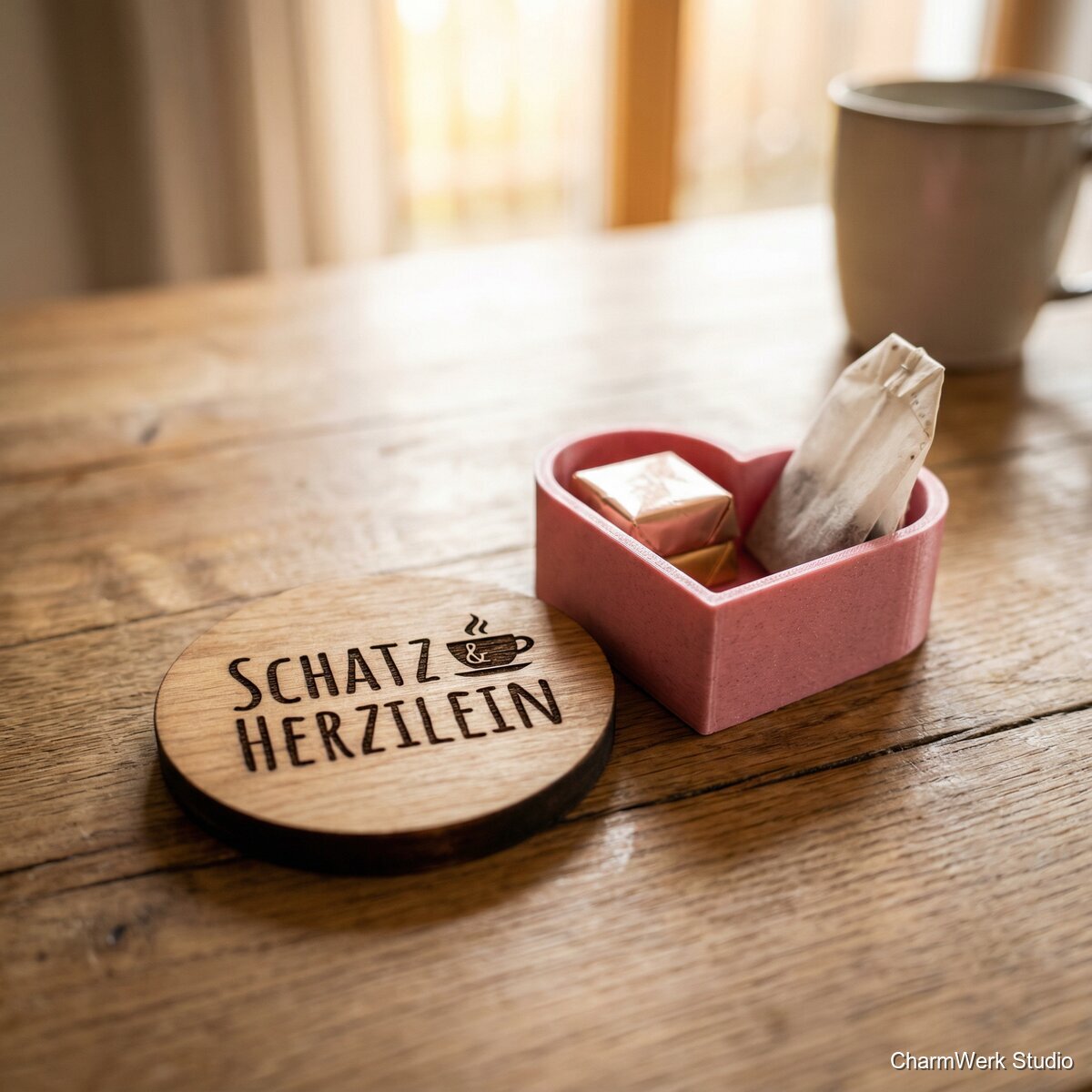 Kaffee-Date-Set: Gravierte Tassenuntersetzer und 3D-Herzhalter - Detailansicht