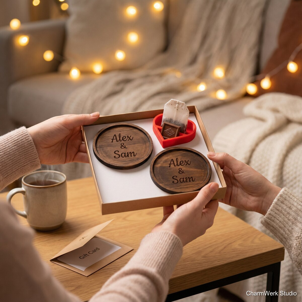 Kaffee-Date-Set: Gravierte Tassenuntersetzer und 3D-Herzhalter - Lifestyle