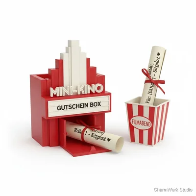 3D-gedruckte „Mini-Kino“ Gutscheinbox mit Klappe