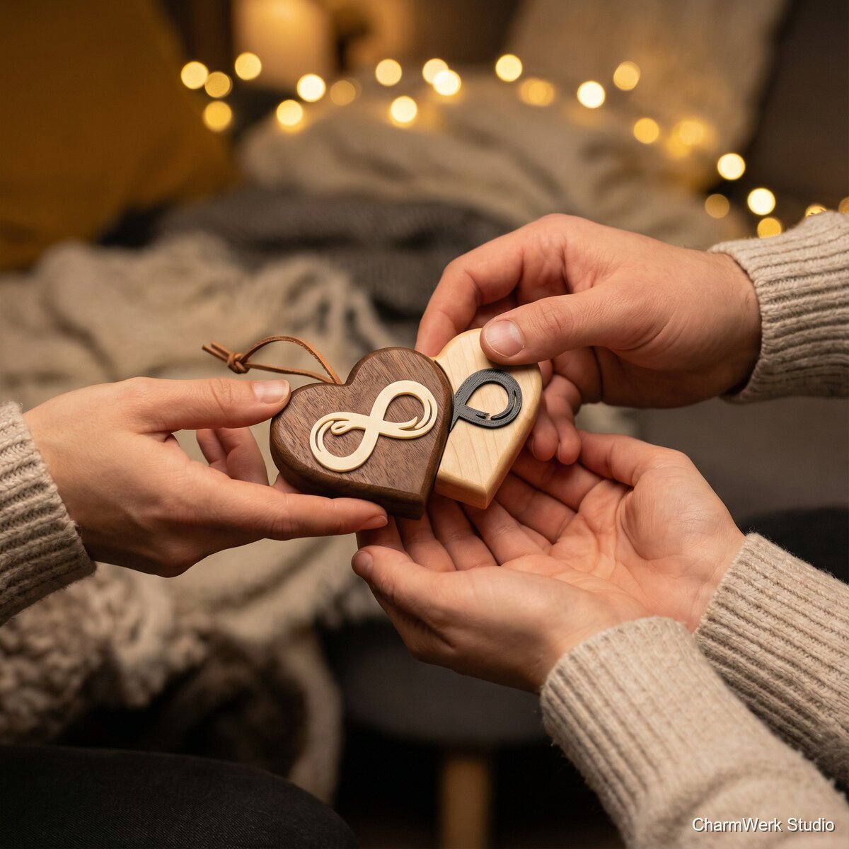 Handschmeichler-Duo: Holzherz mit 3D-Inlay - Lifestyle