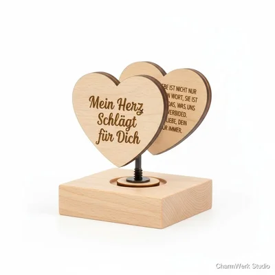 Kombi: Graviertes Holz „Drehherz“ mit zwei Botschaften