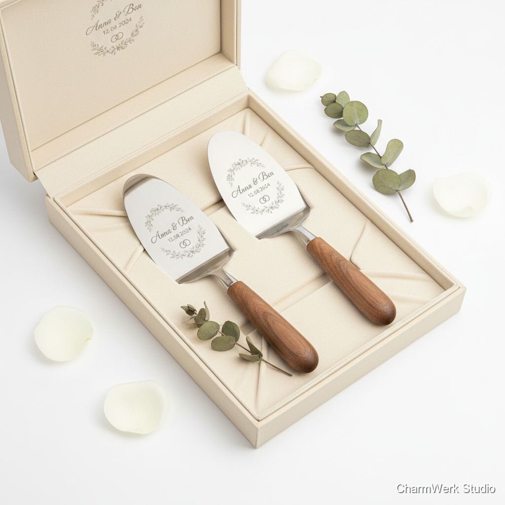 Gravierte Kuchenheber-Set aus Holz oder Edelstahl