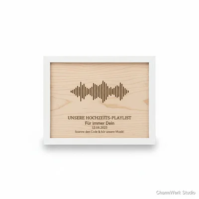 Gerahmte „Hochzeits-Playlist“ als Spotify-Code auf Holz