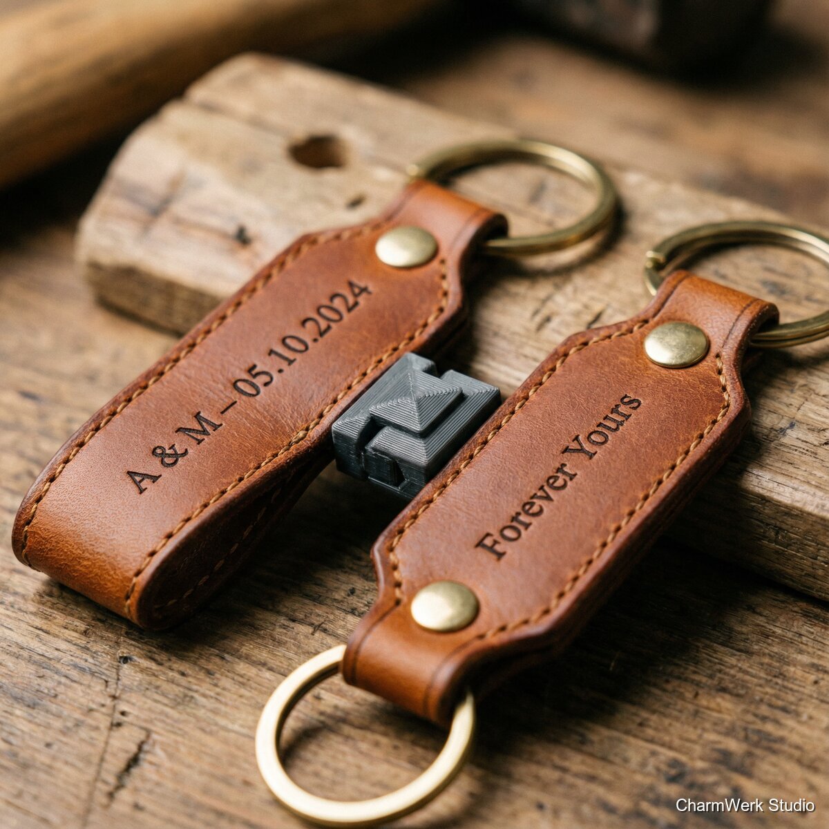 Leder-Schlüsselanhänger-Paar mit 3D-Connector - Detailansicht