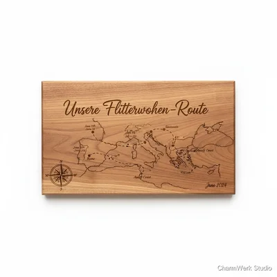 Gravierte Holzkarte „Unsere Flitterwochen-Route“
