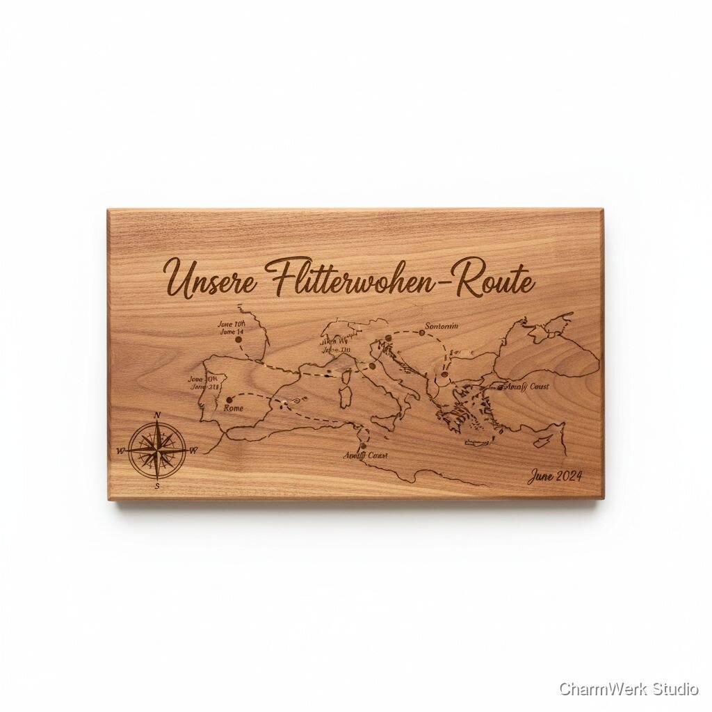 Gravierte Holzkarte „Unsere Flitterwochen-Route“