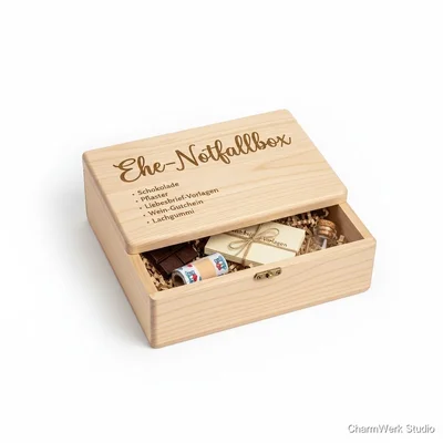 „Ehe-Notfallbox“ aus Holz mit graviertem Deckel