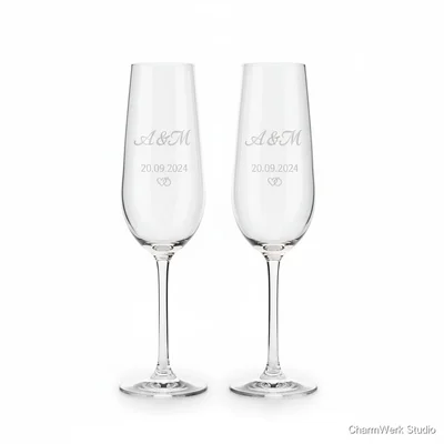 Gravierte Champagnergläser mit Initialen und Datum