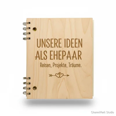 Holz-Notizbuch „Unsere Ideen als Ehepaar“ Covergravur