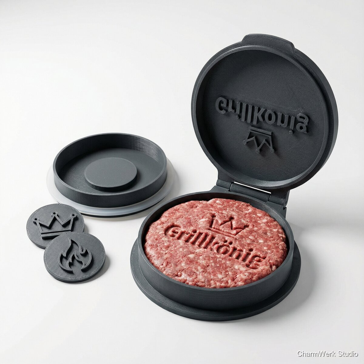 „Grillkönig“-Burgerpresse mit Namensprägung