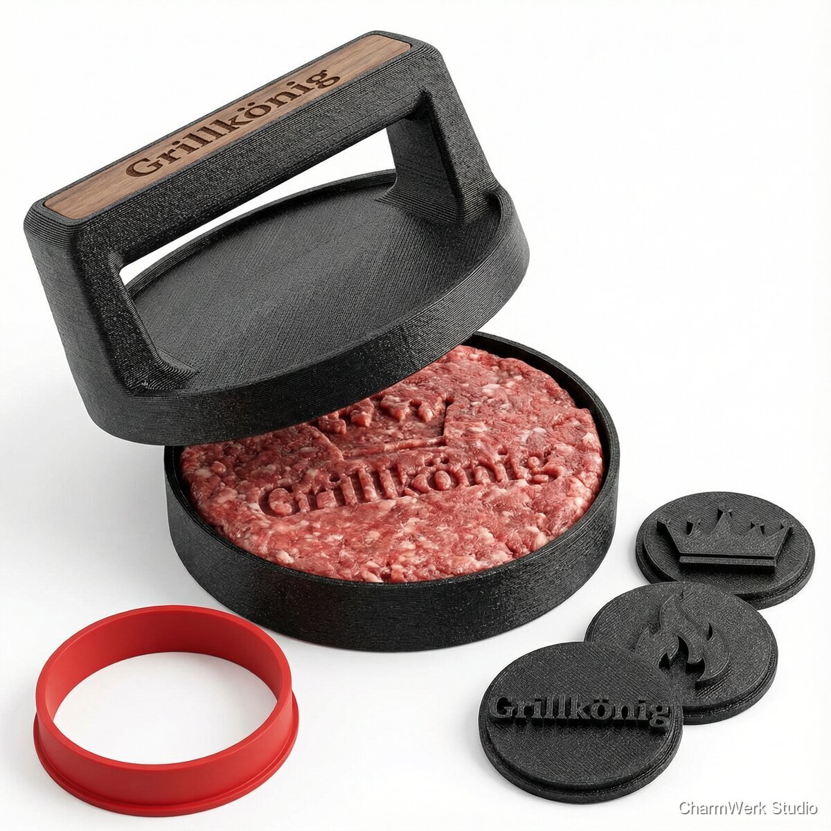 „Grillkönig“-Burgerpresse mit Namensprägung - Seitenansicht