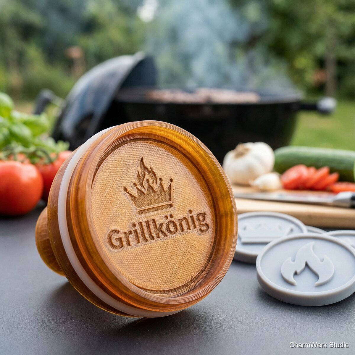 „Grillkönig“-Burgerpresse mit Namensprägung - Detailansicht