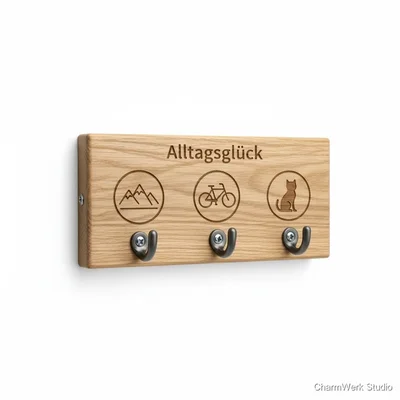 Holz-Wandhakenleiste „Alltagsglück“ mit Symbolen