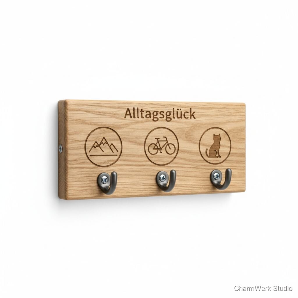 Holz-Wandhakenleiste „Alltagsglück“ mit Symbolen