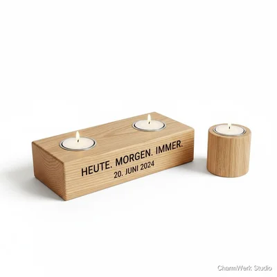 Gravierte Kerzen-Set-Halter aus Holz mit Datum