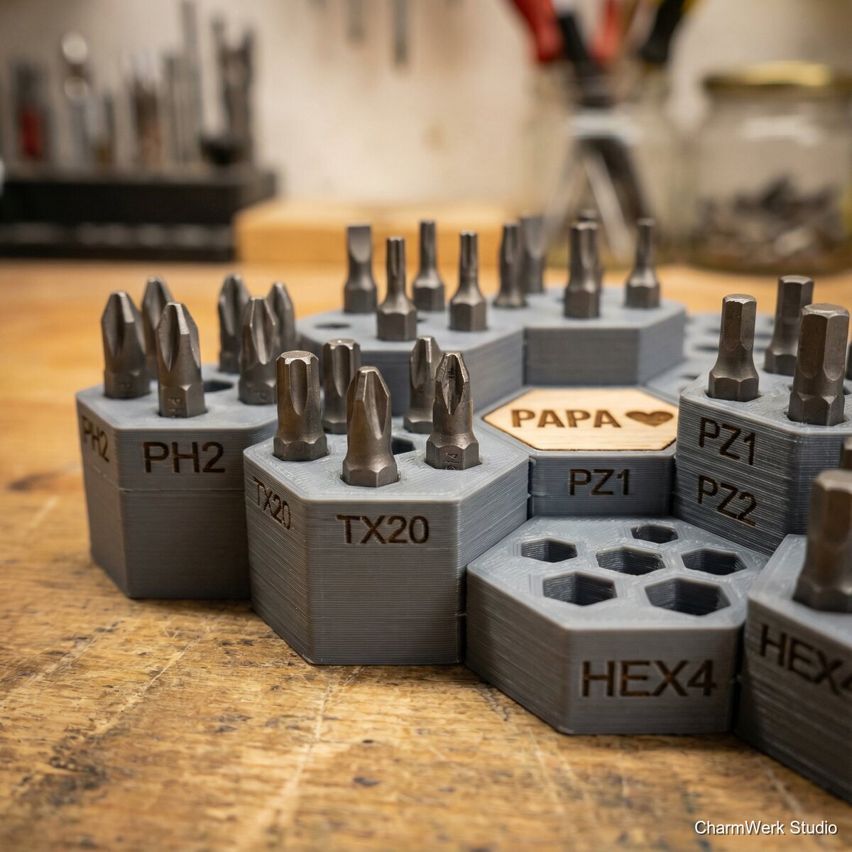 Werkbank-Bit-Organizer als Steckmodul-System - Detailansicht