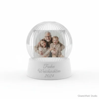„Schneekugel“-Fotoaufsteller als Rahmen mit Kuppeloptik