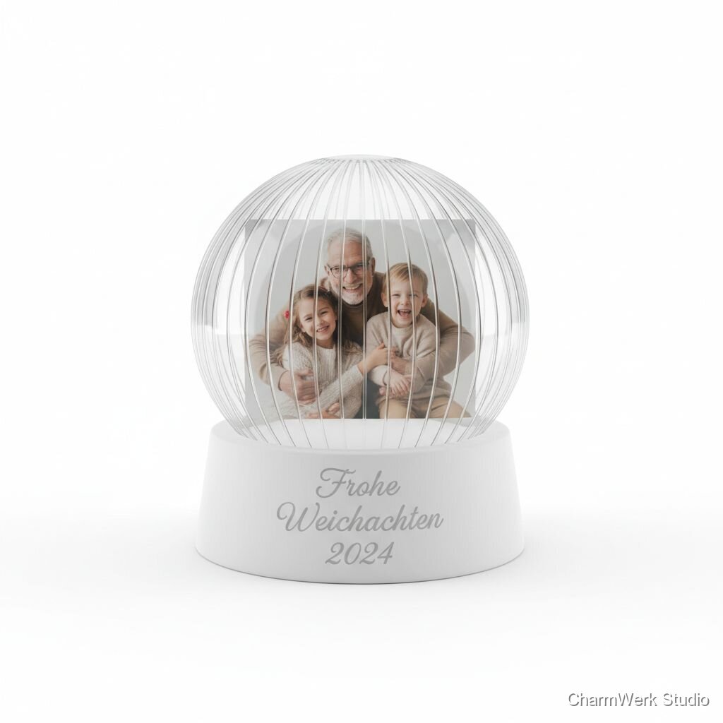„Schneekugel“-Fotoaufsteller als Rahmen mit Kuppeloptik