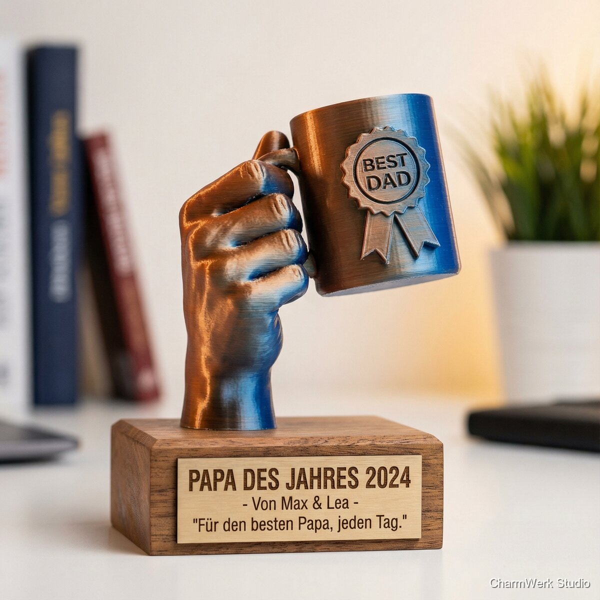 Mini-Trophäe „Papa des Jahres“ als Desk-Award - Detailansicht