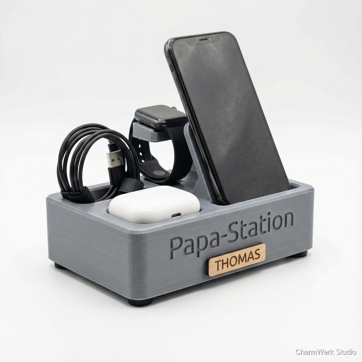 Kabel- und Ladeplatz „Papa-Station“ mit Handyhalter - Seitenansicht