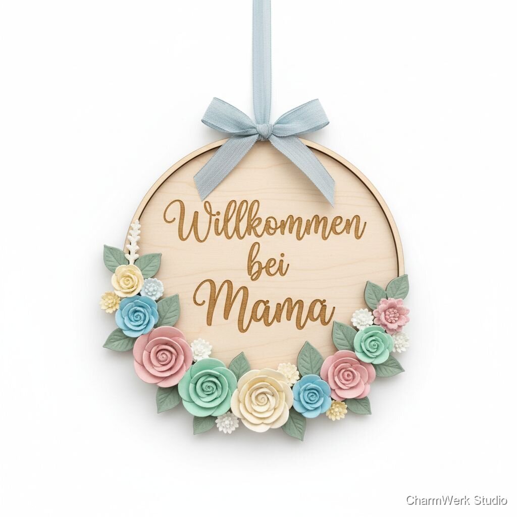 3D-Blumenkranz-Türschild „Willkommen bei Mama“