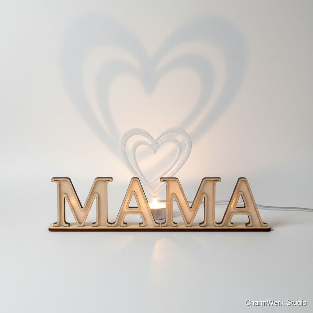 Schriftzug-Leuchte „Mama“ aus Holz mit Acryl-Glow
