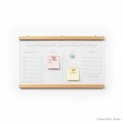 Acryl-Notizboard „Mamas Einkauf & Liebe“ mit Holzleisten