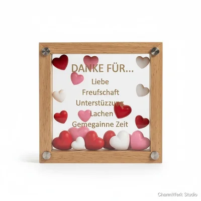 „Danke für…“-Glasrahmen mit Acrylscheibe und 3D-Herzen