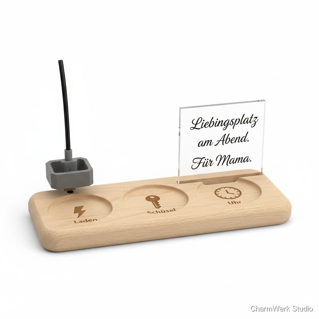 Handy-Dock „Mama-Station“ mit 3D-Kabelclip und Acrylschild