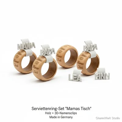 Serviettenring-Set „Mamas Tisch“ mit Holz+3D-Namensclips
