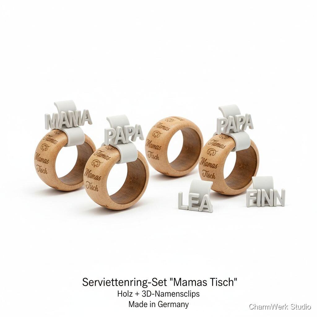Serviettenring-Set „Mamas Tisch“ mit Holz+3D-Namensclips
