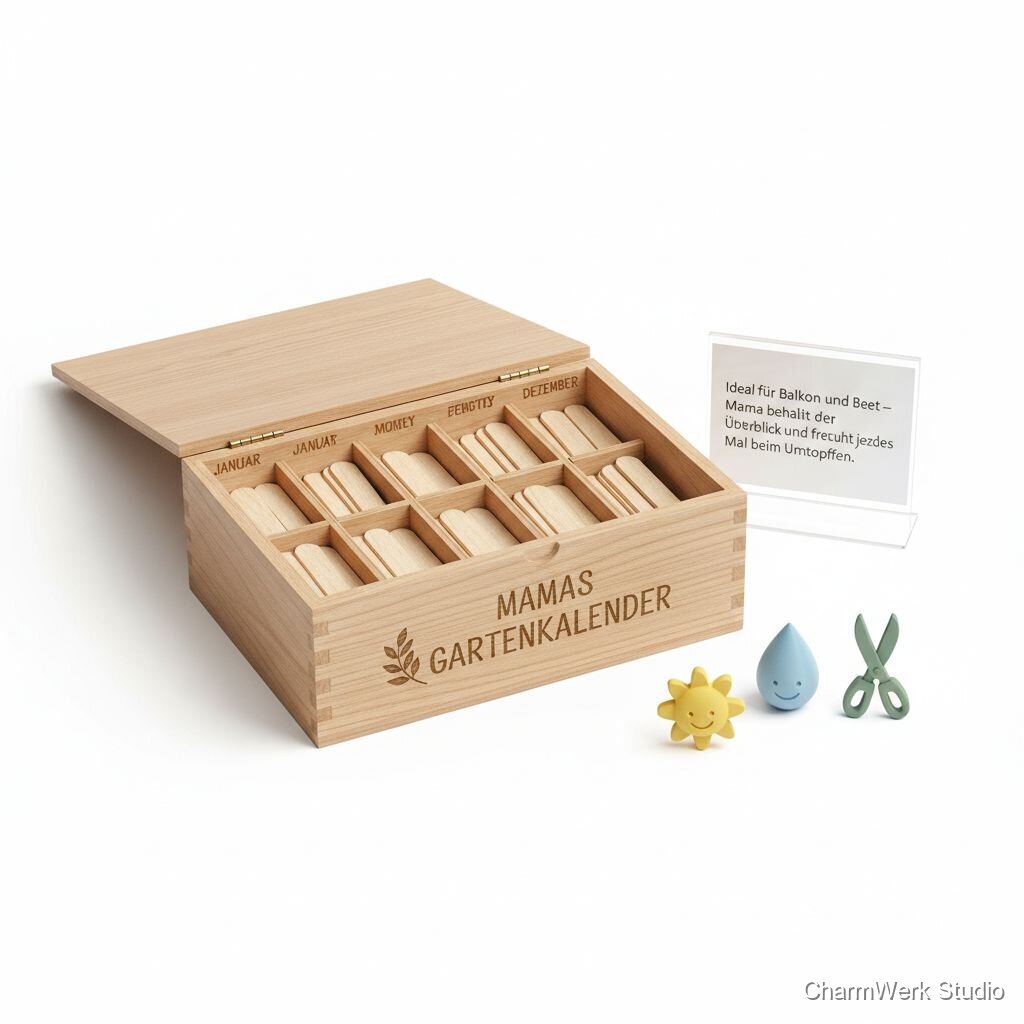 „Mamas Gartenkalender“-Pflanzschildbox mit 3D-Icons