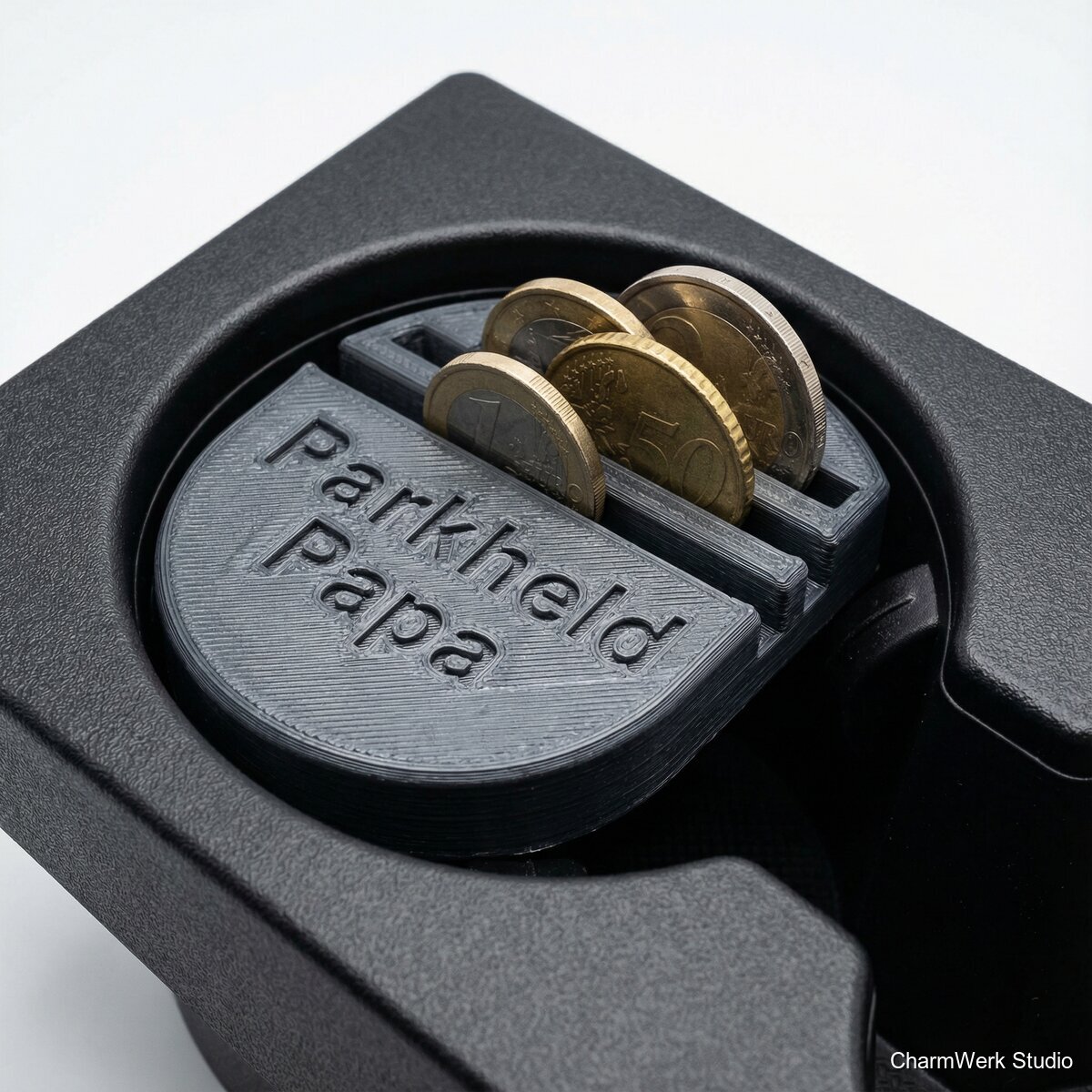 Auto-Münzhalter „Parkheld“ für die Mittelkonsole - Seitenansicht