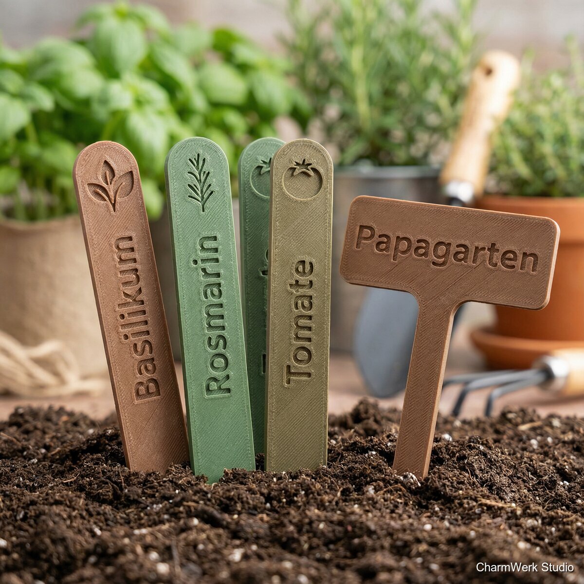 Garten-Schilder-Set als Stecksystem mit Papas Kräutern - Detailansicht
